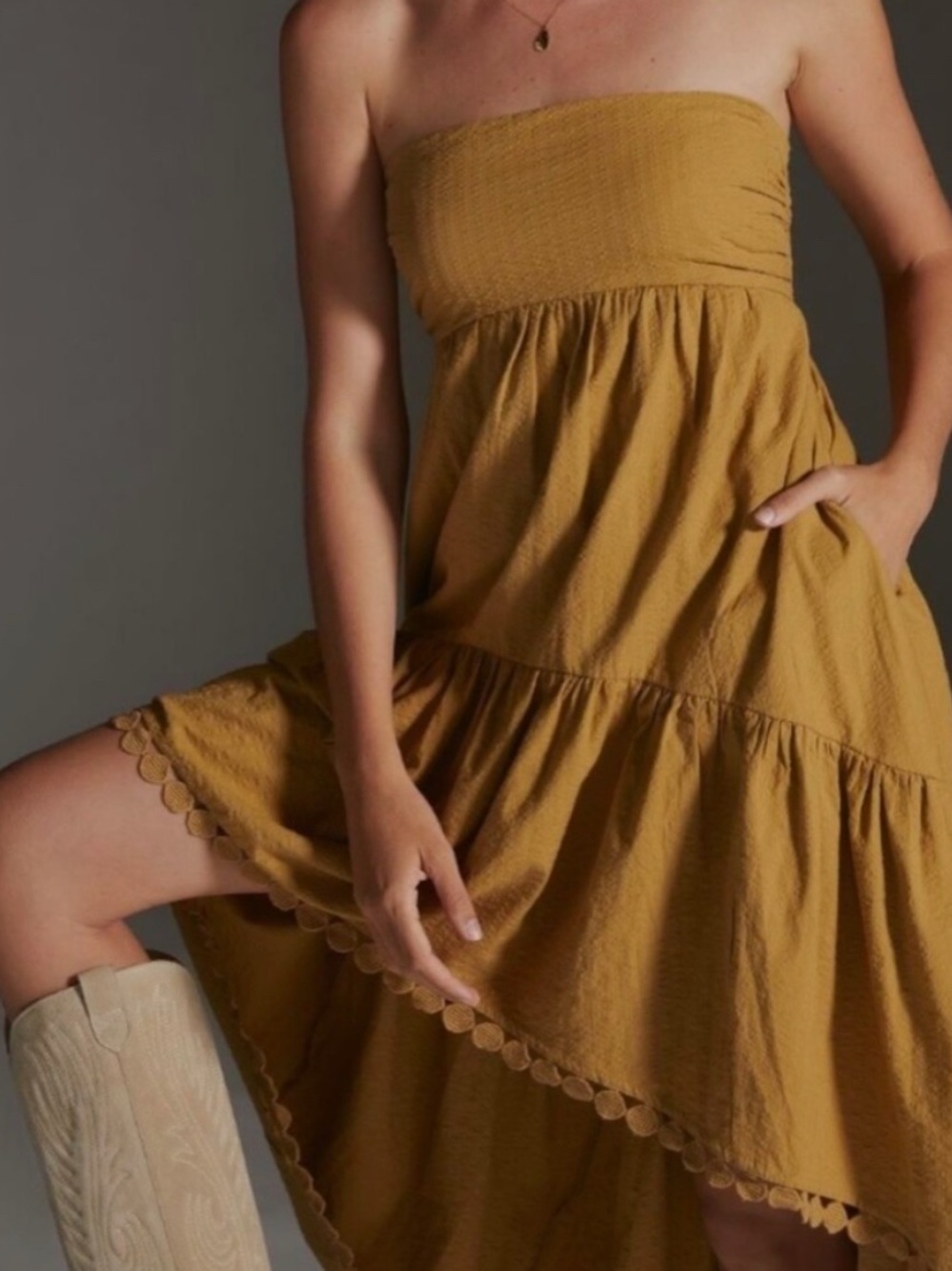 Mauve Anthropologie Strapless Tiered Midi Dress in Mustard high/low